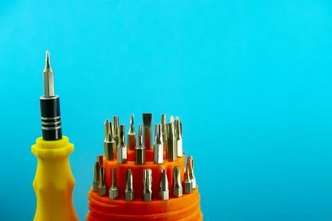 A set of bits for screwing screws with a drill Stock Photos