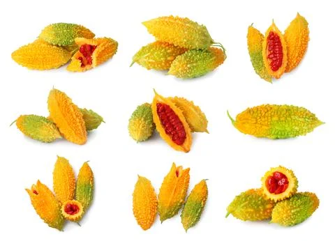 Set with bitter melons on white background Foto stock