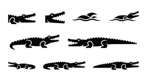Set of black alligator and crocodile silhouettes in various poses. Stock Illustration