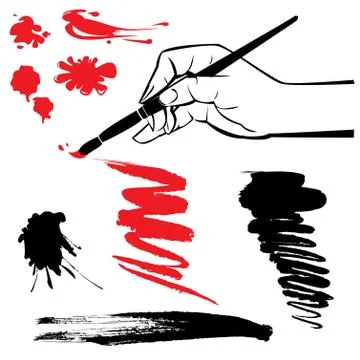 Set of black and red blots and hand with brush on the white background Stock Illustration
