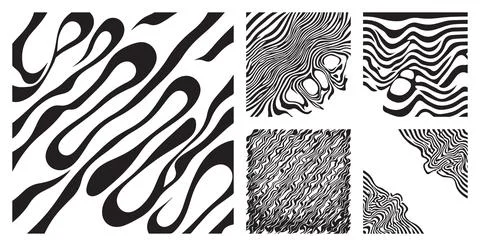 Set of black and white abstract wavy line patterns with organic liquid shapes an Illustrazione stock