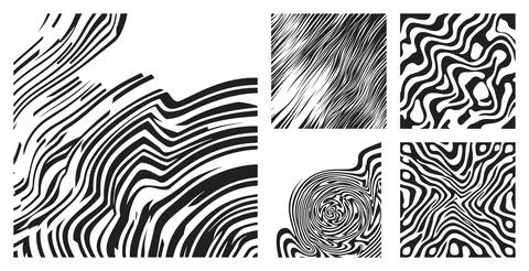 Set of black and white abstract graphic elements with distorted wavy lines and c Иллюстрация