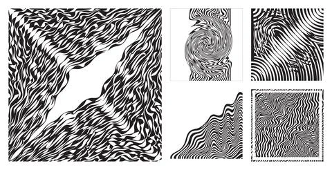 Set of black and white abstract graphic elements with wavy lines and distorted s 스톡 일러스트