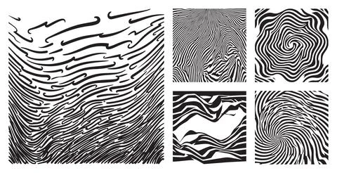 Set of black and white abstract graphic patterns featuring flowing wavy lines an Stock Illustration