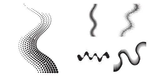 Set of black and white abstract wavy elements featuring halftone dots and textur 스톡 일러스트