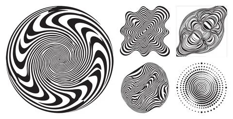 Set of black and white abstract geometric shapes featuring swirling lines and hy Stock Illustration