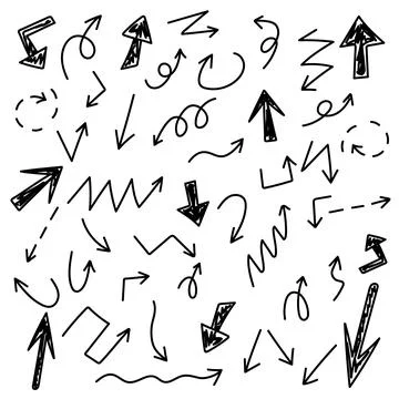 A set of black and white arrows of different shapes and sizes. Stock Illustration