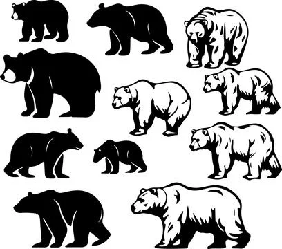 A set of black and white bear silhouettes Stock Illustration