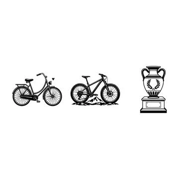 Set of black and white bicycle and trophy illustrations Stock Illustration