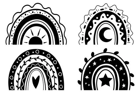 Set black and white boho rainbow in hand drawn style. Stock Illustration