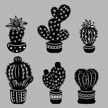 Set of black and white cactuses in pots. Stock Illustration