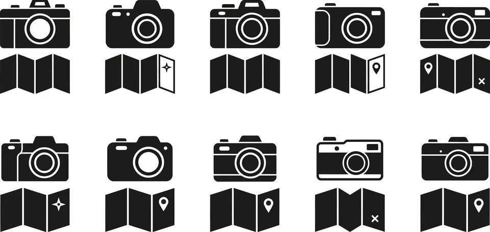 Set of black and white camera and map icons, travel and photography concept. Stock Illustration
