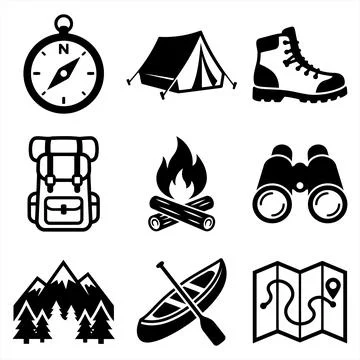 Set of Black and White Camping and Hiking Vector Icons on White Background イラスト素材