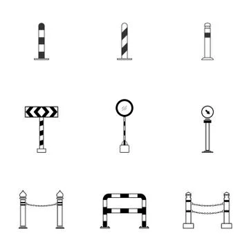 Set of black and white column bollard icon with guard post sentry flat style, Stock Illustration