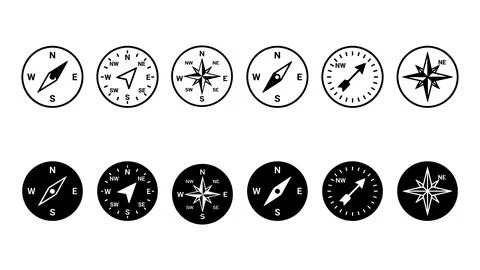 Set of black and white compass icons for navigation Stock Illustration