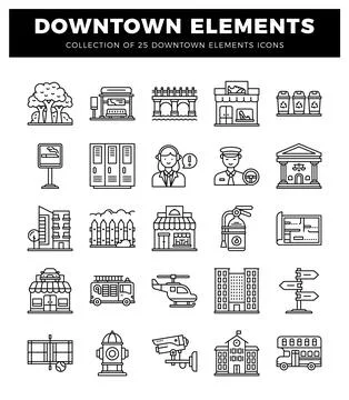 Set of black and white downtown element icons with buildings and city service Ilustración de archivo