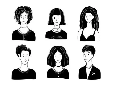 Set of black and white drawn people avatars. Young and trendy men and women 库存插图