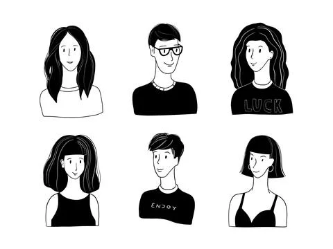 Set of black and white drawn people avatars. Young and trendy men and women Stock Illustration