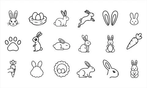 Set of black and white easter bunny, egg, and carrot line rabbit Stock Illustration
