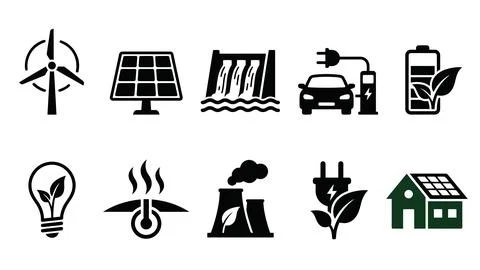 Set of black and white eco energy icons showing wind turbine, solar panel, .. Stock Illustration