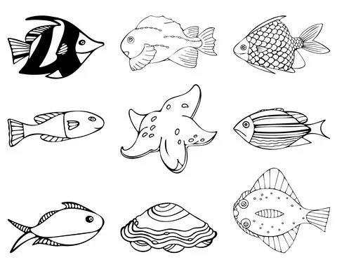 Set of Black and White Fish in Doodle Style. Illustrazione stock