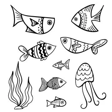 Set of black and white fishes in doodle ink style. Hand drawn illustration Stock-Illustration
