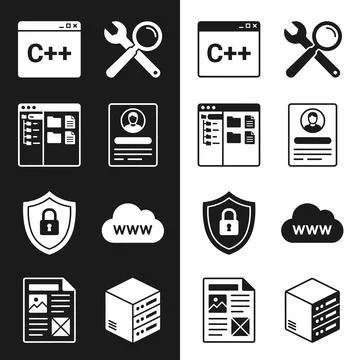 Set of black and white flat icons for programming, web development, and IT .. Stock Illustration