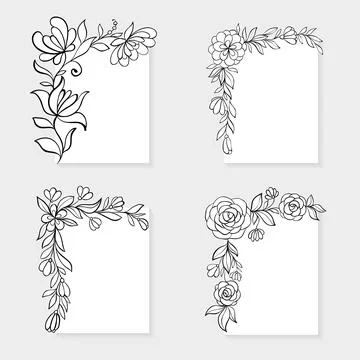 Set of black and white hand drawn corner floral borders. Stock Illustration