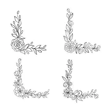 Set of black and white hand drawn corner floral borders. design for holiday.. Stock Illustration