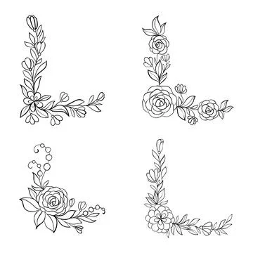 Set of black and white hand drawn corner floral borders. design for holiday.. Stock Illustration