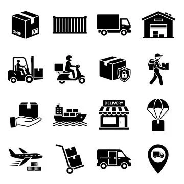 Set of black and white icons representing logistics and delivery services i.. Stock Illustration