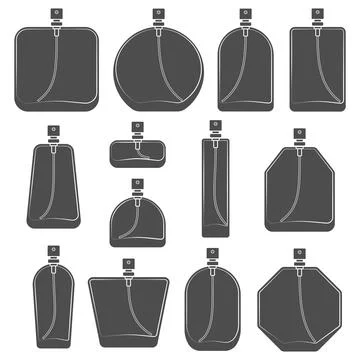 Set of black and white illustration with bottle of perfume spray Stock Illustration