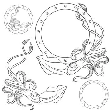 Set of black and white illustrations with squid on a white. Stock Illustration