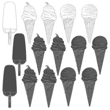 Set of black and white illustrations with ice cream. Isolated vector objects. Stock Illustration