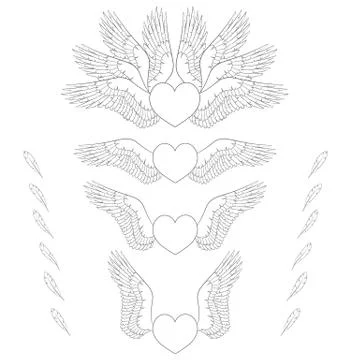 Set of black and white illustrations of hearts with wings. Stock Illustration