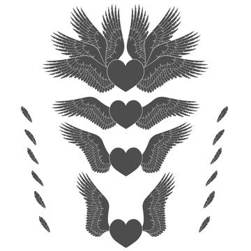 Set of black and white illustrations of hearts with wings. Stock Illustration