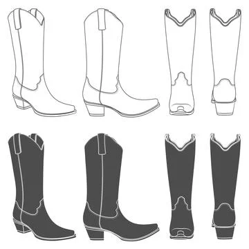 Set of black and white illustrations with cowboy boots. Isolated vector objects. Stock Illustration