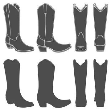 Set of black and white illustrations with cowboy boots. Isolated vector objects. Stock Illustration