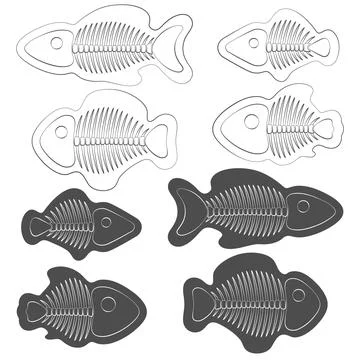 Set of black and white illustrations of fish with skeletons. Stock Illustration