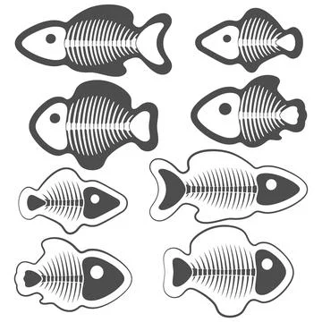 Set of black and white illustrations of fish with skeletons. Stock Illustration