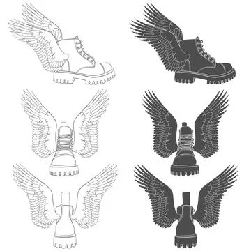 Set of black and white illustrations of boots with wings. Stock Illustration