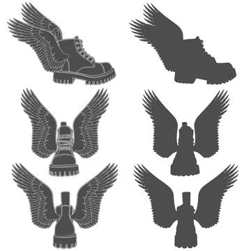 Set of black and white illustrations of boots with wings. Stock Illustration