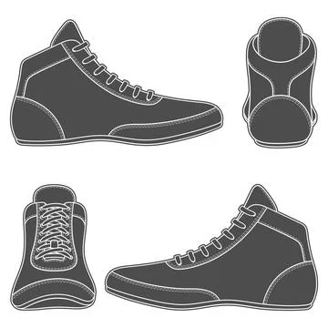 Set of black and white illustrations with wrestling shoes, sports shoes. Stock Illustration