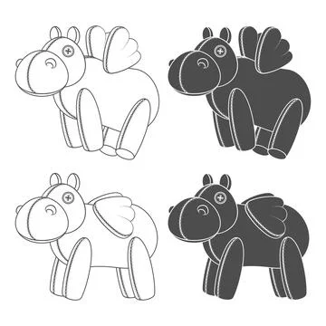 Set of black and white illustrations with a toy hippo with wings. Stock Illustration
