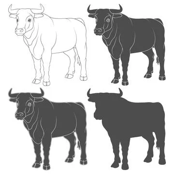 Set of black and white illustrations with a bull, a cow. Illustrazione stock