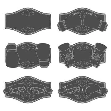 Set of black and white illustrations with boxing gloves and a winner belt. Stock Illustration