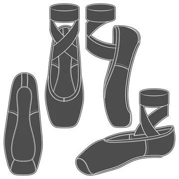 Set of black and white illustrations with pointe shoes, ballet shoes. Stock Illustration