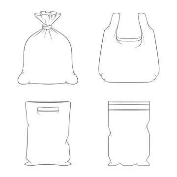 Set of black and white illustrations with plastic packages, bags. Stock Illustration