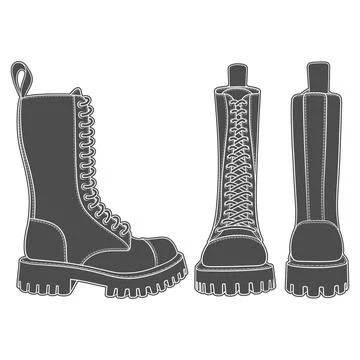 Set of black and white illustrations with boots, high boots with laces. Stock Illustration