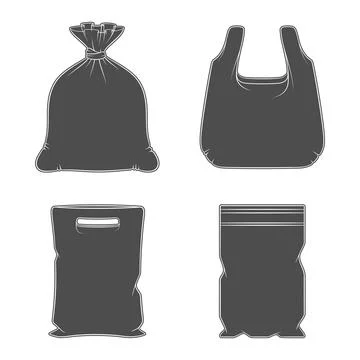 Set of black and white illustrations with plastic packages, bags. Stock Illustration
